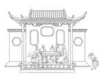 古代人物聚餐房子线描勾线