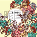 小鸟蝴蝶手绘花卉矢量素材