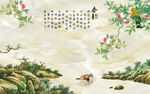 春韵中式喜鹊桃树背景墙壁画
