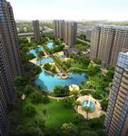 商业住宅内廷小湖水潭鸟瞰建筑效