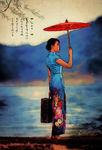 中国风旗袍少女水彩插画