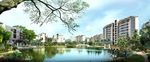 池塘风景住宅区白天建筑效果图