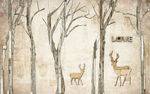 手绘复古森林麋鹿背景墙