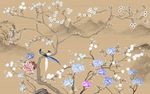 手绘花鸟图山水画电视背景墙