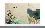 荷花人物工笔画古代仕女挂画