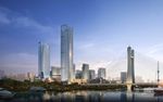 江边繁华都市商业圈黄昏建筑图