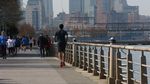 桥上的慢跑着和行人