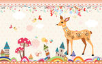梅花鹿儿童房卡通动漫背景墙