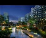 高层住宅小区夜景河流景观图