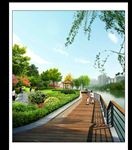 木栈道湖景柳树景观效果图