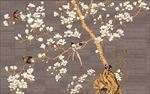 新中式玉兰花鸟手绘木纹禅意