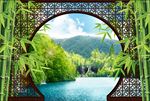 拱形花窗竹子山水风景画