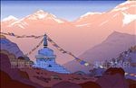 西藏高原佛塔雪山村庄经幡插图