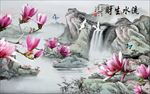 中式国画山水玉兰高清壁画图
