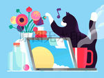 花瓶电脑咖啡居家办公宠物猫插图
