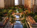 住宅区内庭水景景观鸟瞰效果图