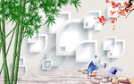 中式竹子梅花仙鹤电视背景墙