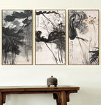 禅意新中式水墨山荷花水客厅装饰