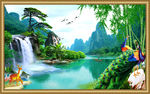 山水瀑布竹子荷花孔雀山水风景画