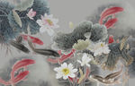 水墨荷花九鱼图