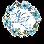 水彩蓝色花卉花环婚礼logo