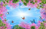 蓝天白云桃花背景墙壁画