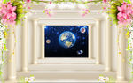 3D罗马柱梦幻星空花卉电视背景