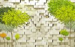 3D砖墙小树背景图