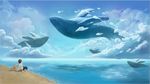 唯美手绘鲸鱼天空背景墙壁画图片