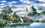 流水生财山水画壁画壁纸