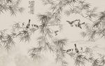 新中式竹子飞鸟背景壁画