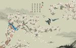 新中式梅花花鸟山水背景壁画