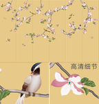 手绘玉兰花鸟背景墙