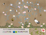 大型分层禅意花鸟背景壁画