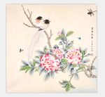 手绘花鸟画牡丹绶带鸟吉祥富贵图