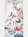 竖幅仙鹤桃花富贵长寿花鸟无框画