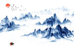 意境手缓水墨蓝色清新山水壁画
