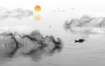大雾弥漫海洋之上水墨风线条壁画
