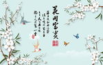 浅蓝色花鸟壁画背景墙 花开富贵