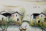 水墨油画国画风景水乡玄关屏风背