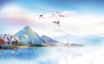 新中式彩色山水风景背景墙