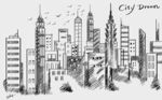 手绘抽象城市建筑线描背景墙