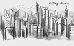 手绘抽象城市建筑画背景墙