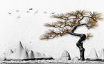 浮雕假山松树飞鸟背景墙