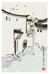 中国风建筑淡彩水墨装饰画