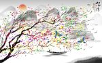 中式手绘写意花鸟山水背景背景墙