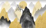 中式金色水墨山水壁画背景墙