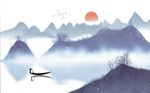 蓝色水墨山水飞鸟背景墙