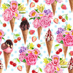 手绘冰淇淋花花卉樱桃草莓图案素