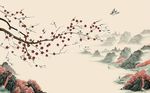 山水手绘梅花花鸟背景墙